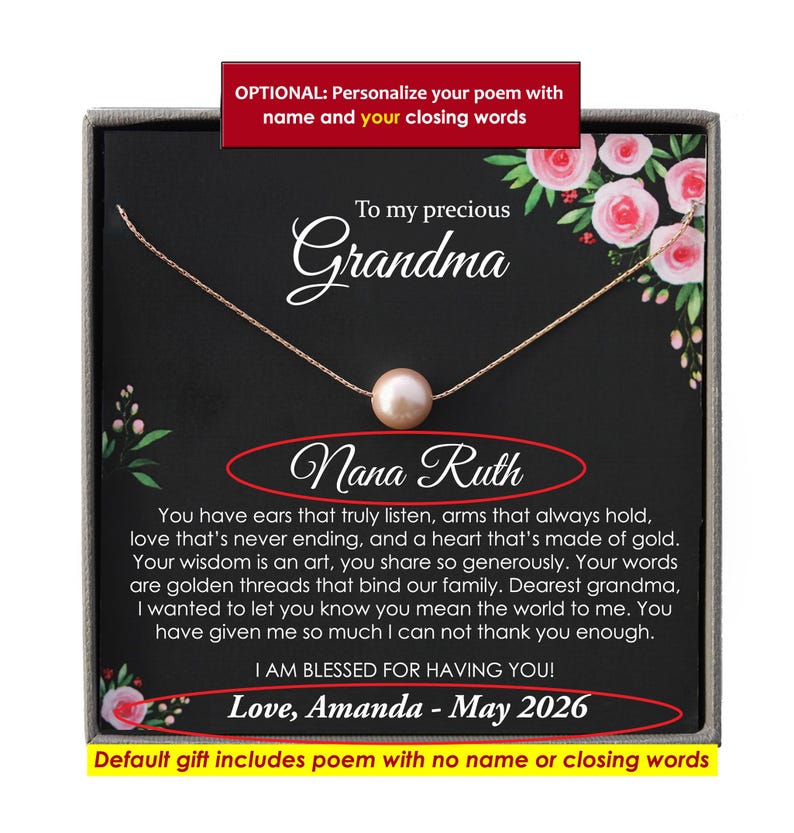 Może przedstawiać: Złoty naszyjnik z perłową zawieszką, zapakowany w pudełko prezentowe. Pudełko zawiera wiersz dla babci, ze słowami "To my precious Grandma" i "Nana Ruth". Tekst zawiera r&oacute;wnież słowa "Love, Amanda - May 2026".
