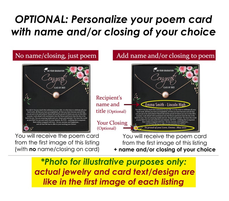 Puede incluir: Un set de regalo de graduaci&oacute;n con un collar de perlas sobre una tarjeta negra con detalles florales rosas. La tarjeta muestra el texto ON YOUR GRADUATION, Congrats, CLASS OF 2023 y un poema. Las opciones muestran personalizaci&oacute;n con nombre.