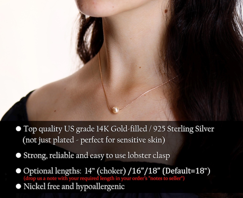 May include: A delicate gold-filled or sterling silver necklace with a single pearl pendant. The necklace is available in 14-inch, 16-inch, or 18-inch lengths. It is nickel-free and hypoallergenic.