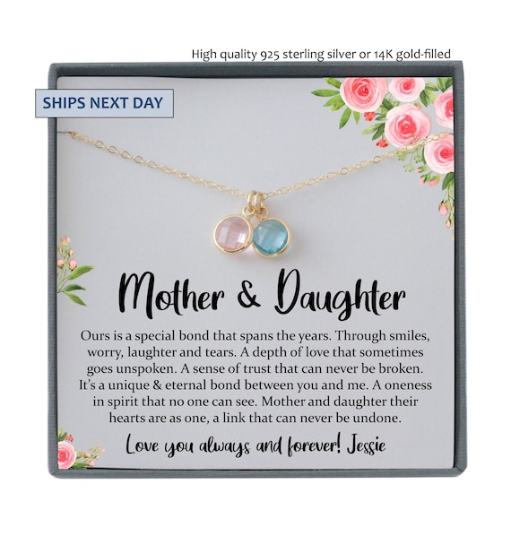 Mother Daughter Necklace – Personalized Birthstone Jewelry Gift with Sentimental Message for Christmas, Birthday, Wedding or Mother's Day
