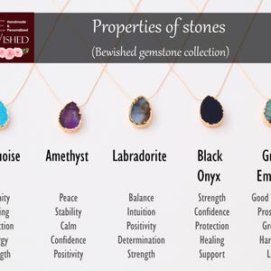 May include: A collection of gemstone necklaces with gold-colored chains and bezels. The stones include turquoise, amethyst, labradorite, black onyx, and green emerald. Text reads "Properties of stones" and lists associated properties.
