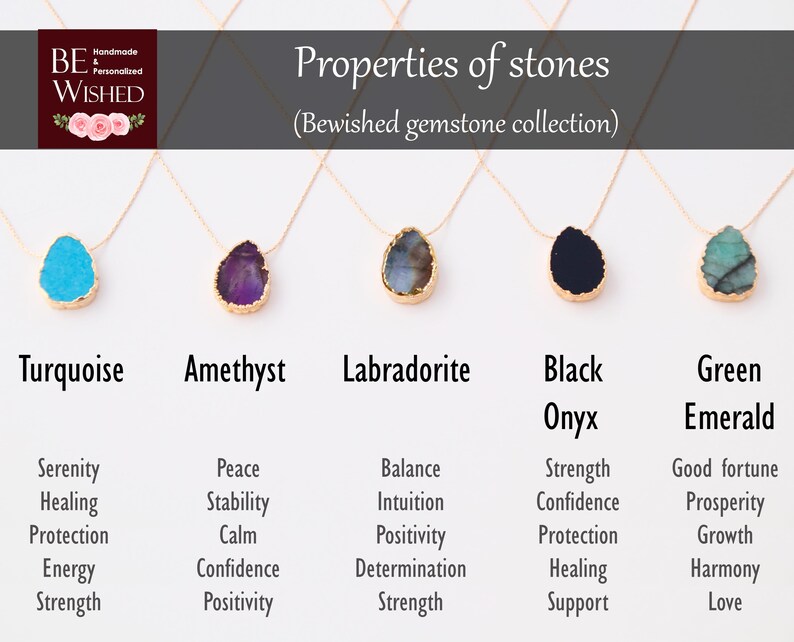 May include: A collection of gemstone necklaces with gold-colored chains and bezels. The stones include turquoise, amethyst, labradorite, black onyx, and green emerald. Text reads "Properties of stones" and lists associated properties.