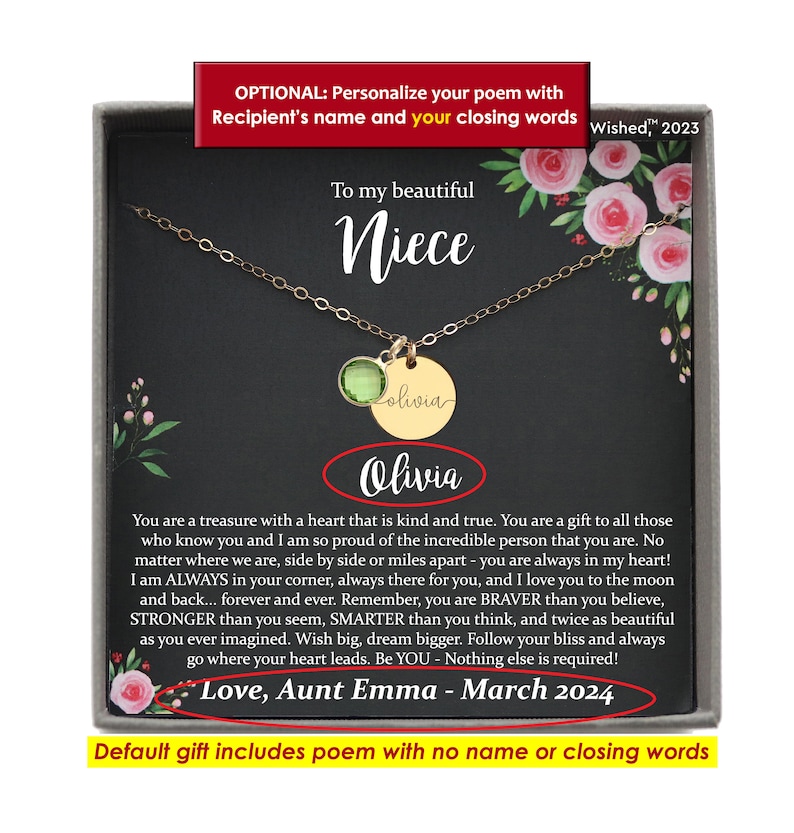 May include: A gold-tone necklace with a round green crystal pendant and a circular gold-tone disc engraved with the name Olivia. The necklace is presented on a black card featuring pink floral illustrations and a printed poem addressed to a niece.