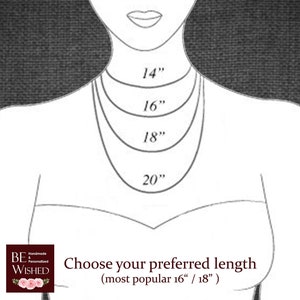 May include: Illustration showing necklace lengths: 14", 16", 18", and 20". The text reads "Choose your preferred length (most popular 16" / 18")". The image is a guide for selecting necklace sizes.