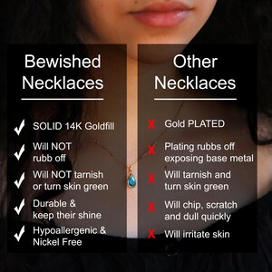 Puede incluir: Se muestra un collar dorado con un colgante turquesa en forma de l&aacute;grima. La imagen incluye texto que compara los "Collares Bewished" hechos con oro macizo de 14K con "Otros collares" que est&aacute;n chapados en oro.