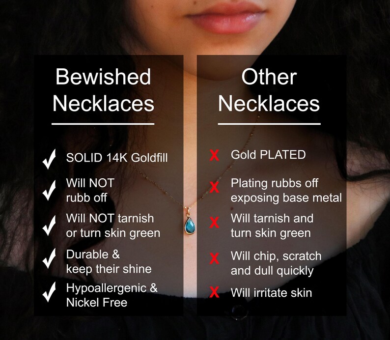 Puede incluir: Se muestra un collar dorado con un colgante turquesa en forma de l&aacute;grima. La imagen incluye texto que compara los "Collares Bewished" hechos con oro macizo de 14K con "Otros collares" que est&aacute;n chapados en oro.