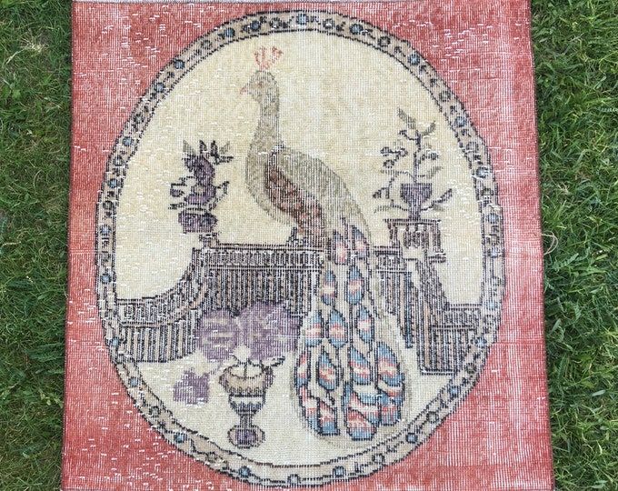 Vintage Turkish Small Square Rug, Oushak Rug, Distressed Wool Peacock ...