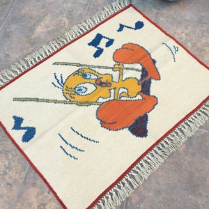 Hecho a mano turco área de lana Kilim Rug, Tweety Bird Modelos Rug, Raro!! Tweety Bird Carácter de dibujos animados, Niños habitación Alfombra, Regalo para niños