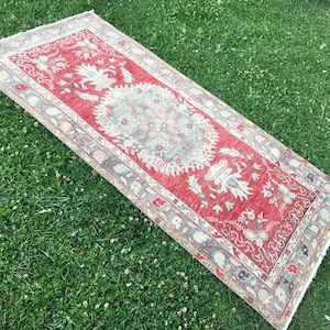 3’2”x6’2” ft, Short Runner Rug, Kitchen Rug, Flower Floor Rug, Vintage Runner Rug, Handmade Runner Rug, Bedroom Rug, Oushak Rug, Turkish Rug