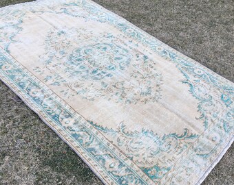 Large Handmade Area Floor Rug, Vintage Oushak Rug, Handmade Rug, Green and Beige Rug, Low Pile Wool Carpet, Pale Rug, Bedroom Rug, 9’2”x6’