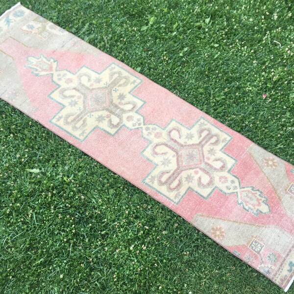 Oushak Rug Runner, Runner Rug, Turkish Rug Runner, Kitchen Rug, Distressed Pink and Green Low Pile Runner, Hallway Rug, Runner, 2'5 "x8'6" ft