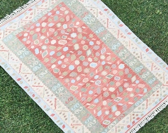 Handgewebter Wollteppich, Pastell Oushak Teppich, Kelim Teppich, Türkischer Teppich, Hellrot Grün und Beige Farbteppich, Wohnzimmer Home Decor, 4'1"x5'4"