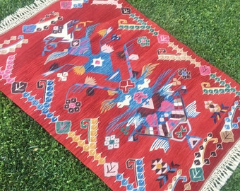 Handwoven Vintage Colorful Turkish Kilim Rug, Western Anatolian Village Rug, Kilim Rug, Elegant Tradition Living Room Carpet Rug, 3’2”x4’5”