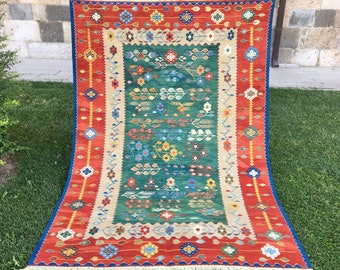 Green Floor Floral Rug, Large Area Rug, Turkish Kilim Rug, Oushak Rug, Green Rug, Handmade Kilim Rug,5’3”x7’6” ft, Home Living Room Carpet