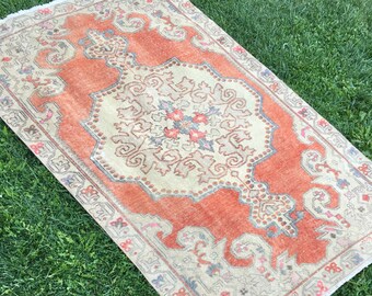 Alfombra antigua de área naranja, Alfombra de dormitorio, Alfombra de cocina, Alfombra hecha a mano, Alfombra oriental angustiada, Alfombra de sala de estar, Alfombra vintage Oushak, 4'5 "x7'3"
