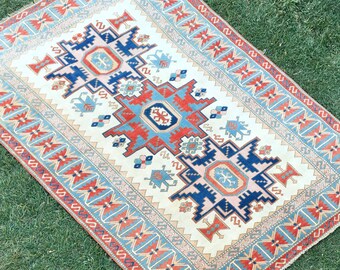 Oriental Persian Rug, Heriz Rug, Double Knotted Decorative Natural Dye Handmade Rug, Vintage Rug, Red and Blue Area Floor Rug, 5’7”x8’ ft