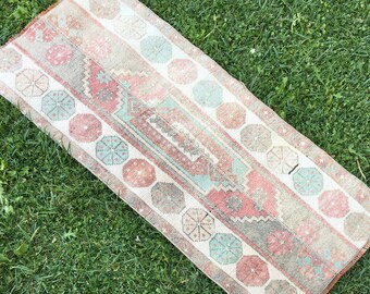 Vintage Oushak Small Runner Rug, Bohemian Bathroom Rug, Patchwork Runner Rug, Kitchen Rug, Small Rug, Handmade Door Mat Rug, 4’2”x1’8” Ft