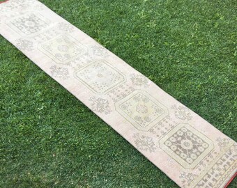 Modern Farm House Desing Handmade Muted Runner Rug, Vintage Rug Runner, Oushak Wool Runner, Hallway Rug, Turkish Pale Runner, 11'4 "x2'6" ft