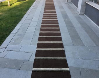 2’4x48’3 Striped Stair Runner Rug, Handmade Kilim Rug Runner, Runner Rug, Woven Striped Wool Natural Rug Runner, Long Hallway Rugs