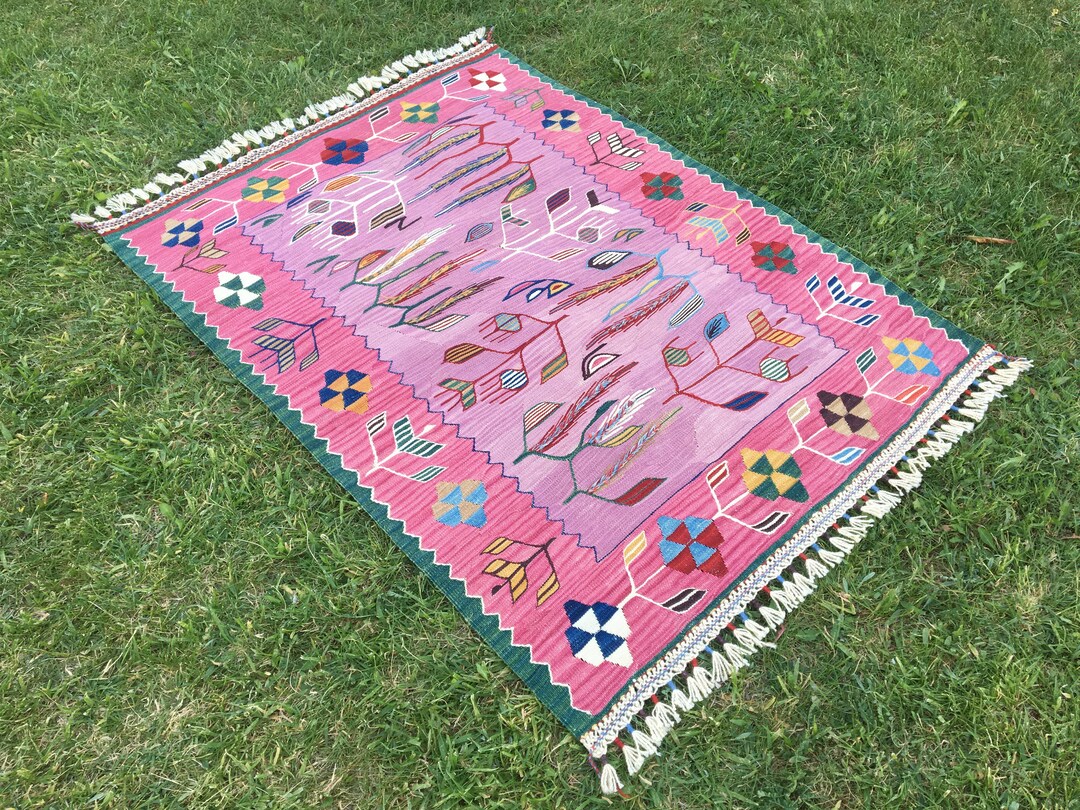 Oriental Small Pink Kilim Rug, Flowers Pink Turkish Floor Rugs, Kilim