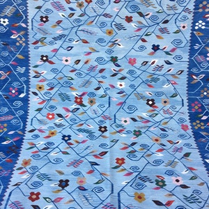 May include: A light blue rug with a floral pattern. The design features winding vines with leaves and flowers in shades of red, pink, yellow, and brown. The border is a darker blue with geometric patterns.