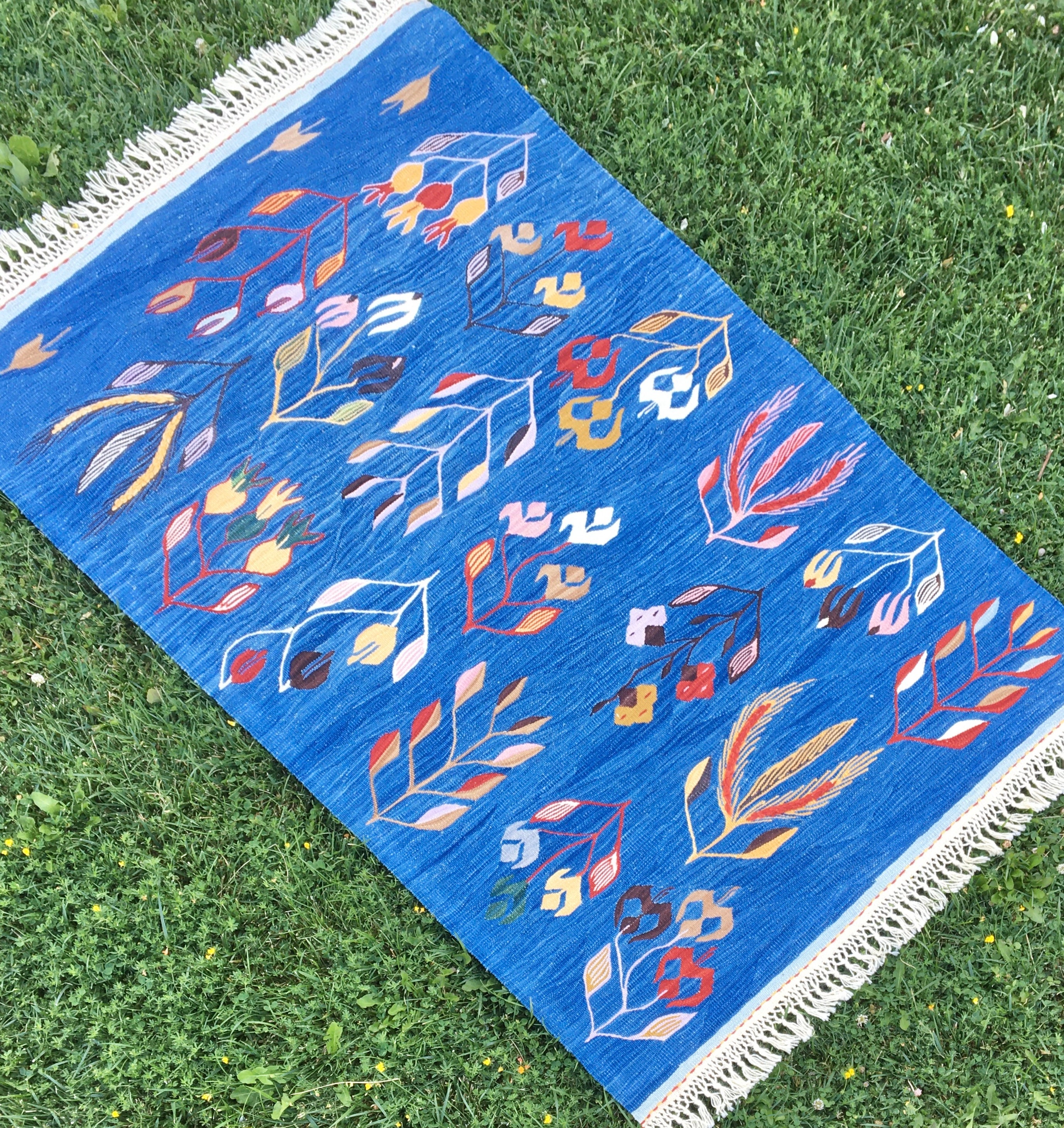 Indigo Blue Flowers Pattern Kilim Rug, Turkish Small Area Rug