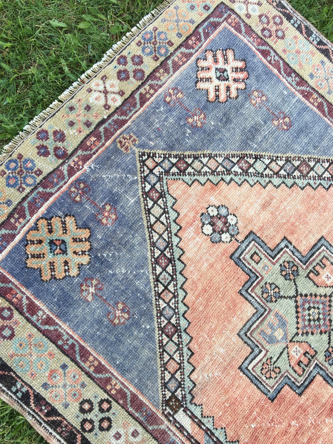Hand Knotted Oushak Vintage Rug Turkish Wool Rug Entryway Etsy