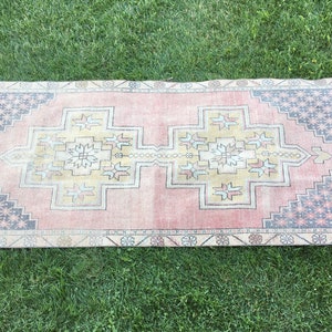 May include: Rectangular rug with a faded pink central field and a geometric pattern in the center. The rug has a border with a repeating star and floral design in shades of gray, blue, and red. The rug is placed on green grass.