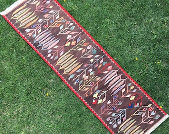 2’3x8’2 Kilim Runner, Floral Kilim Runner, Handwoven Runner, Runner Rug, Dark Purble Wool Kilim Runner, Bohemian Runner Rug, Romanian Runner