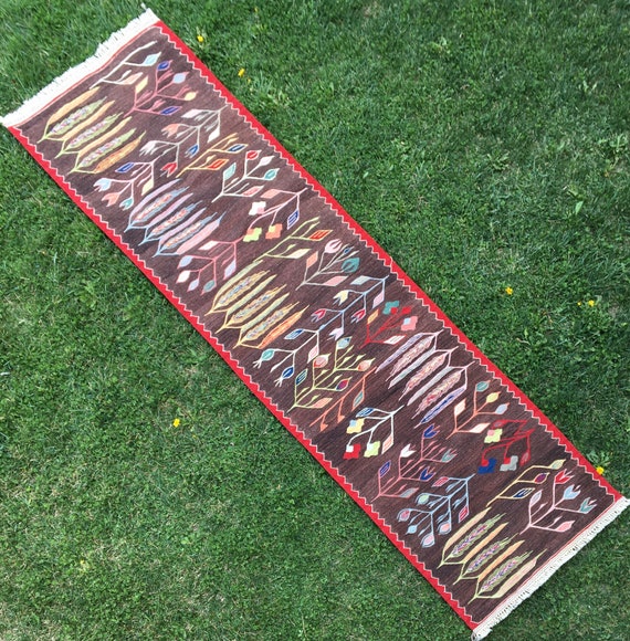 2’3x8’2 Kilim Runner, Floral Kilim Runner, Handwoven Runner, Runner Rug, Dark Purble Wool Kilim Runner, Bohemian Runner Rug, Romanian Runner