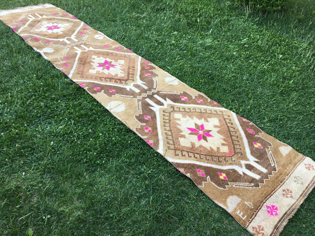 Brown and Pink Antique Runner Rug, Turkish Runner, Entry Rug, Vintage