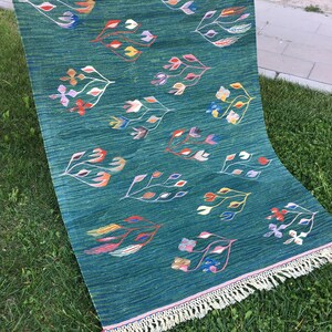 Puede incluir: Una alfombra azul verdosa con borde de flecos presenta un patr&oacute;n repetitivo de dise&ntilde;os florales estilizados en tonos de rosa, amarillo, verde, azul y naranja.