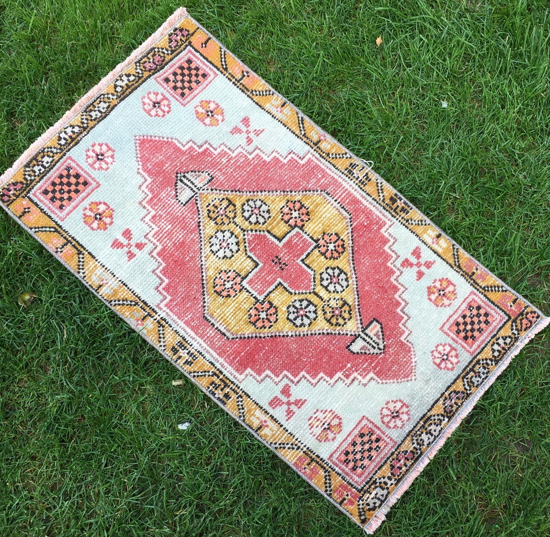 Low Pile Distressed Wool Small Rug, Vintage Small Rug, Small Oushak Rug