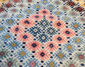 May include: A close-up of a woven rug with a geometric pattern in shades of blue, red, yellow, and brown. The pattern is made up of small squares and diamonds.