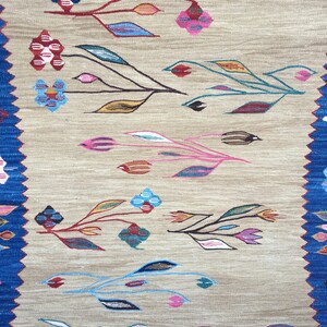 May include: A beige rug with a woven design of colorful flowers and leaves. The rug has a blue border.