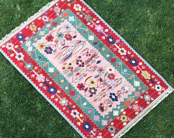 Oushak Rug, Turkish Kilim Rug, Vintage Rug, Pink Rug, Area Kilim Rug, Pink Carpet, Living Room Rug, Turkish Rug, Hand Made Rugs, 4’4x6’6 ft
