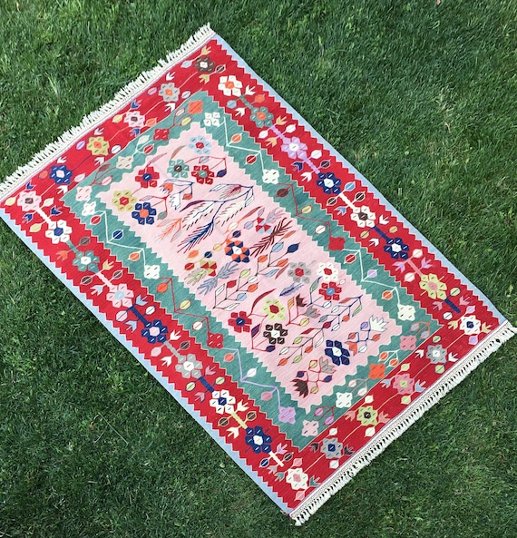 Oushak Rug, Turkish Kilim Rug, Vintage Rug, Pink Rug, Area Kilim Rug, Pink Carpet, Living Room Rug, Turkish Rug, Hand Made Rugs, 4’4x6’6 ft