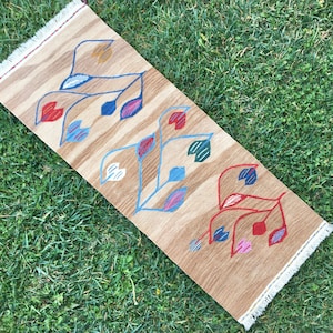 May include: A beige rug with a fringe border features a repeating pattern of stylized leaves in shades of blue, red, and green.