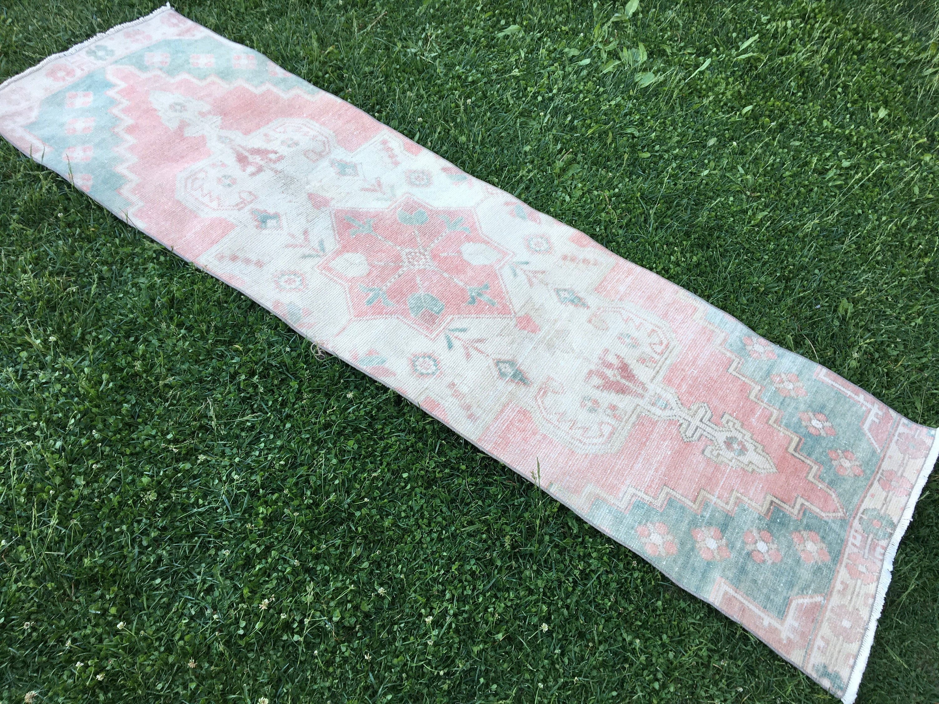 Hallway Oriental Wool Rug Runner Rug Pink and Green Runner Etsy