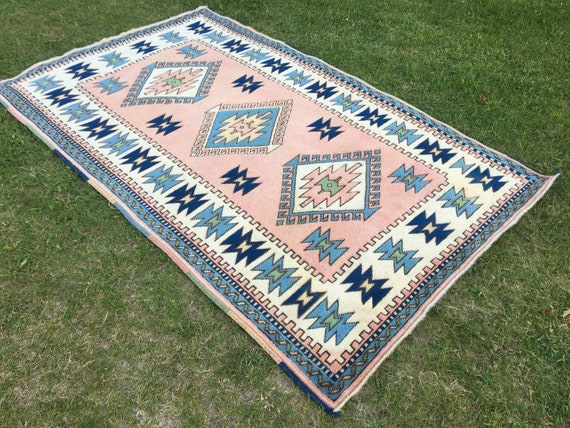 Vintage Oushak Rug, Turkish Oushak Rug, Distressed Pink Rug, Living Room Rug, Home Rug, Hand Knotted Oriental Rug, Rustic Area Rug, 4’3x6’9