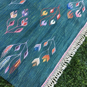 Puede incluir: Una alfombra azul verdosa con borde de flecos. La alfombra tiene un patr&oacute;n repetitivo de flores estilizadas en tonos de rosa, rojo, amarillo, naranja y morado.