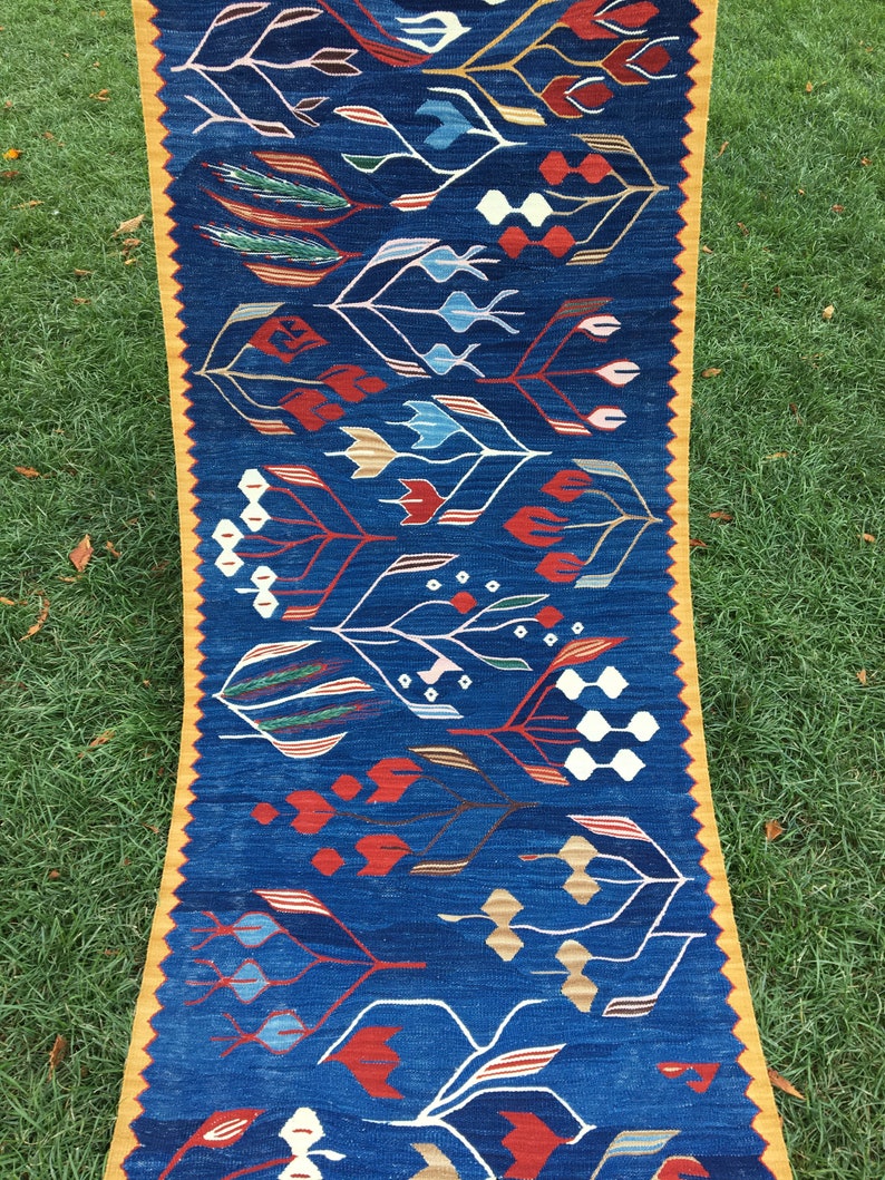 Floral Pattern Wool Indigo Blue Handmade Kilim Runner Rug, Turkish Runner Rug, Navy Blue Short Runner, Kilim Rug Runner, Hallway Rug,8’6x2’4 image 7