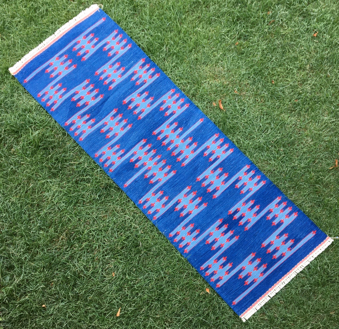 Handwoven Blue Runner Rug Rustic Small Runner Rug Vintage Etsy