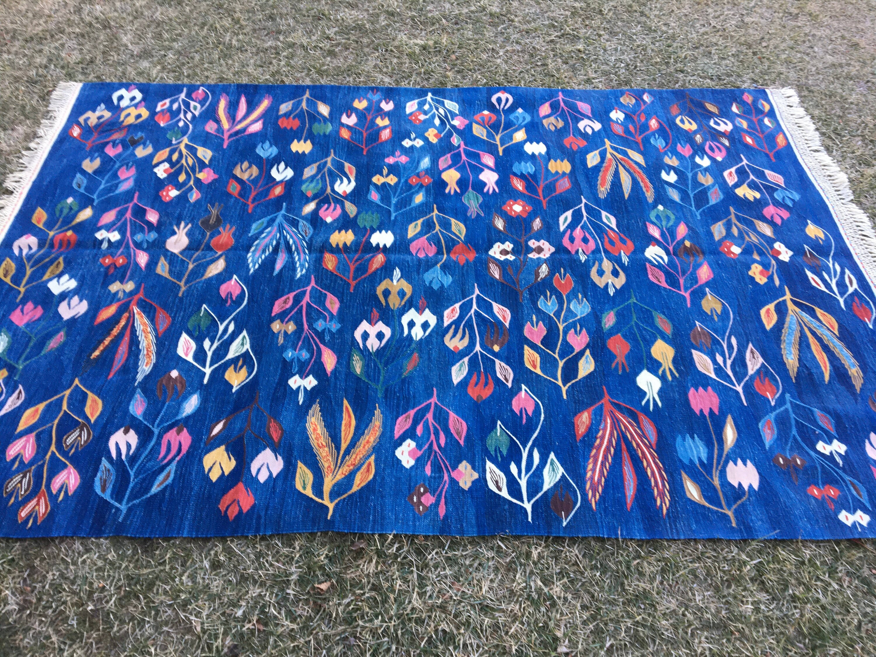 Oriental Blue Kilim Rug Flower Blue Kilim Rug Turkish Rug Etsy