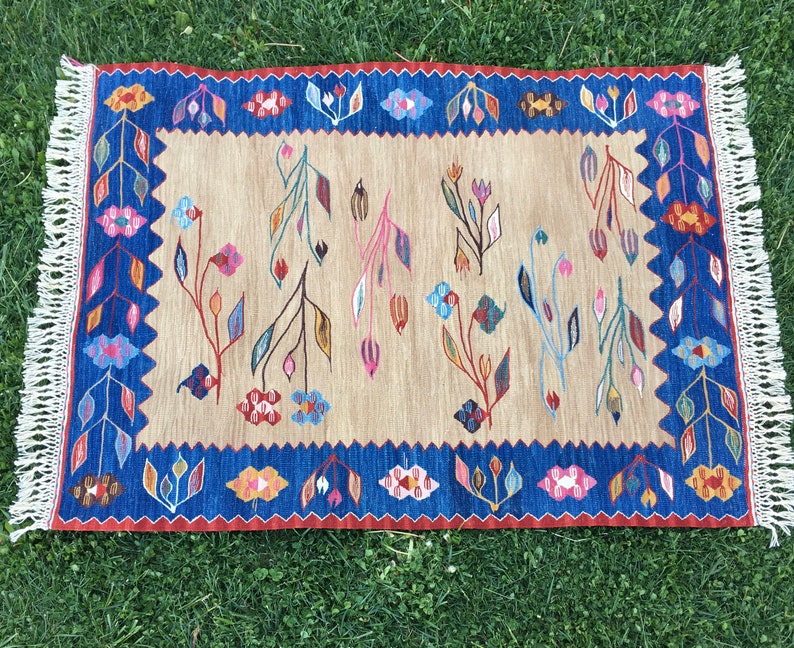 May include: A beige rug with a blue border and a floral pattern in shades of pink, red, blue, and green. The rug has fringe on all sides.