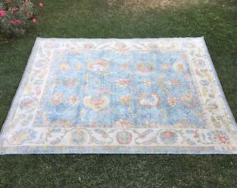 10x12 woonkamertapijt, groot tapijt, handgeknoopte tapijten, indigoblauw met schort groot wollen tapijt, groot Oushak-tapijt, Turkse karpetten