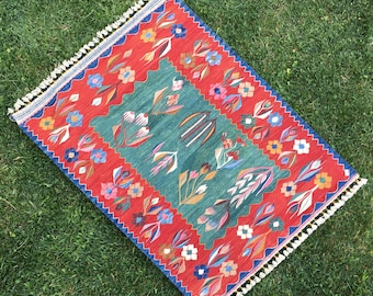 3x4 Hand Weaving Green Floral Kilim Rug, Flowers Patter Romanian Carpet, Area Kilim Rug, Living Room Boho Kilim Rug, Green Rug