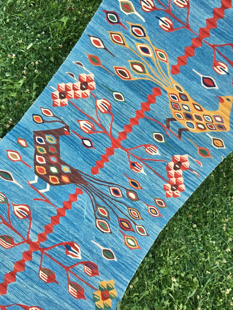 Handwoven Blue Runner Rug Rustic Small Runner Rug Vintage Etsy