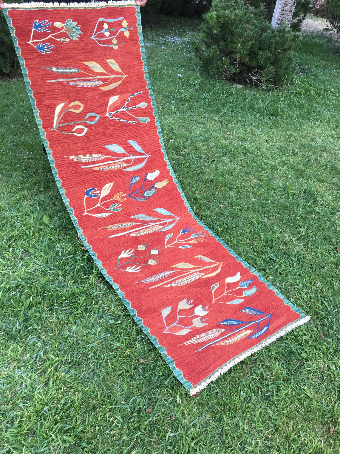 Oriental Red Kilim Rug Runner Short Runner Turkish Kilim Etsy