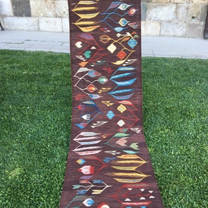 Puede incluir: Una alfombra larga y estrecha con fondo marr&oacute;n y un patr&oacute;n geom&eacute;trico colorido. El patr&oacute;n presenta hojas y flores estilizadas en tonos de azul, rojo, amarillo y verde. La alfombra tiene flecos en ambos extremos.